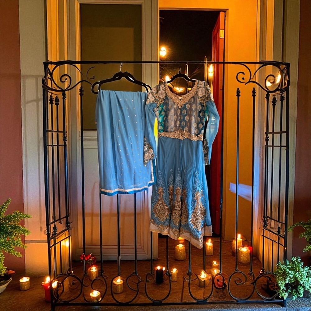 Indian Designer Light Blue Velvet Ombre & Net Anarkali - Picture 4 of 5